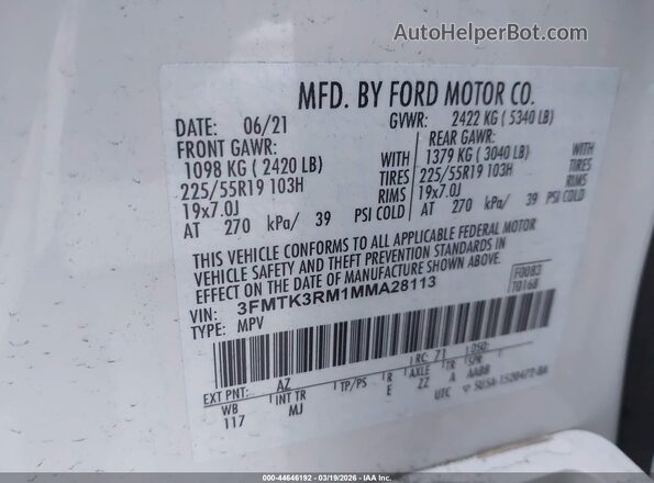 3FMTK3RM1MMA28113 2021 FORD MUSTANG MACH-E PREMI White Շարժիչի բաժամունքի տեսք