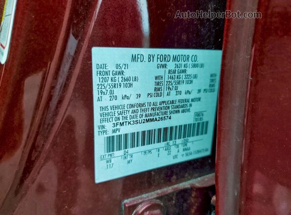 3FMTK3SU2MMA26574 2021 FORD MUSTANG MACH-E PREMI Красный Вид наклейки с VIN-кодом