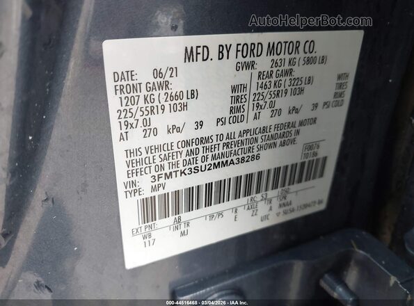 3FMTK3SU2MMA38286 2021 FORD MUSTANG MACH-E PREMI Blue Widok komory silnika