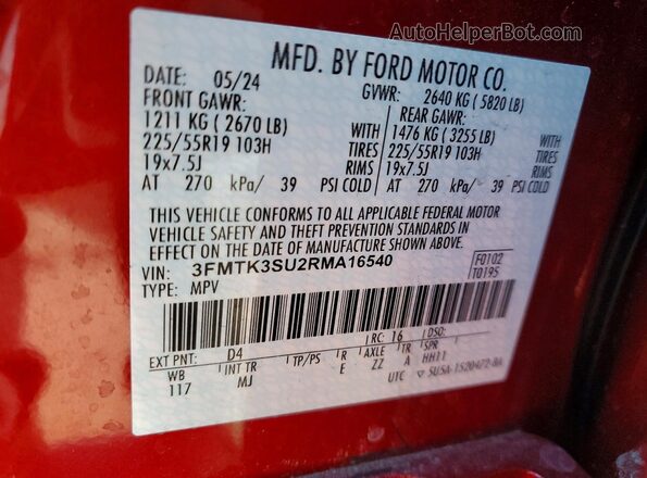 3FMTK3SU2RMA16540 2024 FORD MUSTANG MACH-E PREMI Red VIN կոդի պիտակի տեսք