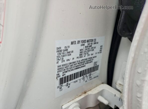 3FMTK3SU3MMA29404 2021 FORD MUSTANG MACH-E PREMI White VIN կոդի պիտակի տեսք