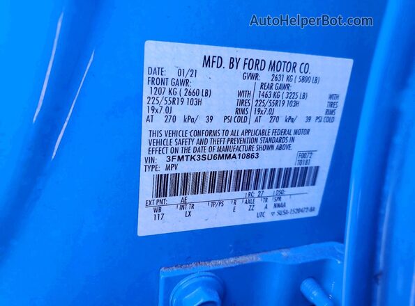 3FMTK3SU6MMA10863 2021 FORD MUSTANG MACH-E PREMI Blue Вид наклейки з VIN-кодом