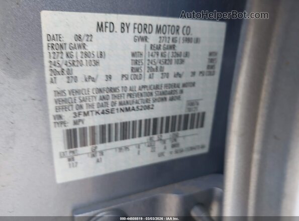 3FMTK4SE1NMA52082 2022 FORD MUSTANG MACH-E Light Blue Вид підкапотного простору