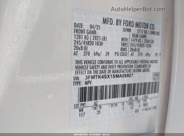 3FMTK4SX1SMA08807 2025 FORD MUSTANG MACH-E White Vista del compartimento del motor
