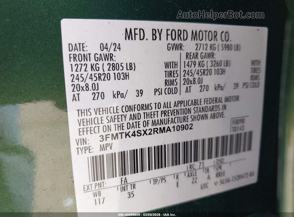 3FMTK4SX2RMA10902 2024 FORD MUSTANG MACH-E Green Vista del compartimento del motor