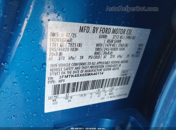 3FMTK4SX6SMA46114 2025 FORD MUSTANG MACH-E Blue Вид підкапотного простору