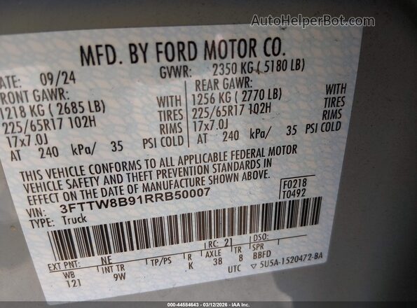 3FTTW8B91RRB50007 2024 FORD MAVERICK Серый Вид подкапотного пространства