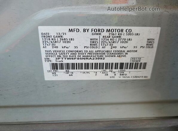 3FTTW8F95NRA23992 2022 FORD MAVERICK Gray Widok komory silnika