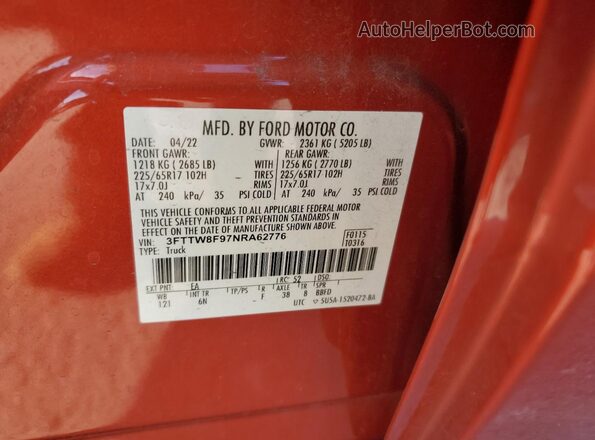 3FTTW8F97NRA62776 2022 FORD MAVERICK Red Engine compartment view