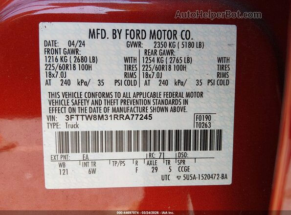 3FTTW8M31RRA77245 2024 FORD MAVERICK Красный Вид подкапотного пространства