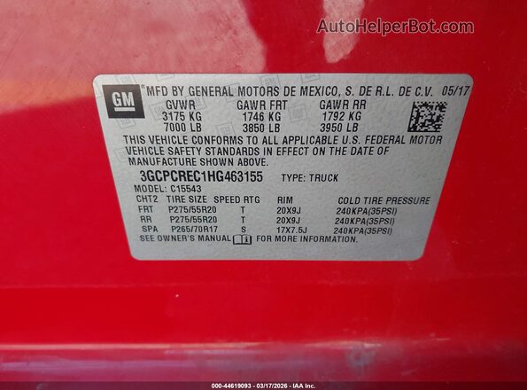 3GCPCREC1HG463155 2017 CHEVROLET SILVERADO Красный 