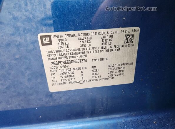 3GCPCREC3GG387274 2016 CHEVROLET SILVERADO Синий 
