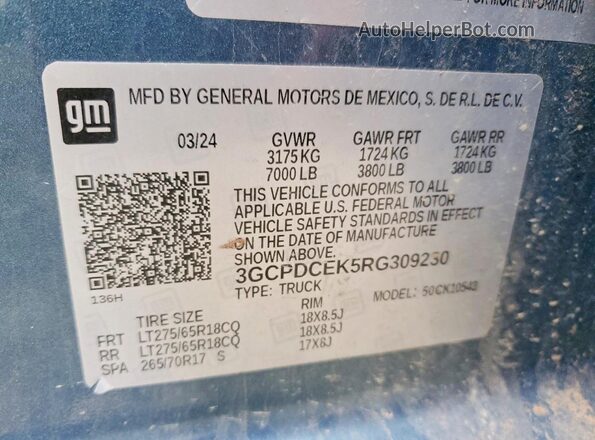 3GCPDCEK5RG309230 2024 CHEVROLET SILVERADO Blue Vista del compartimento del motor