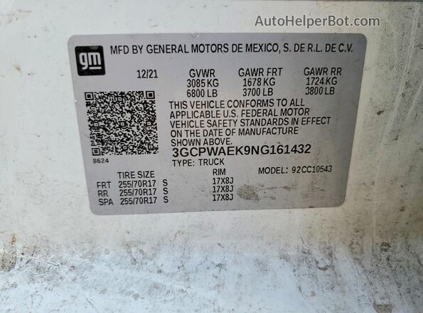 3GCPWAEK9NG161432 2022 CHEVROLET SILVERADO White Vista del compartimento del motor