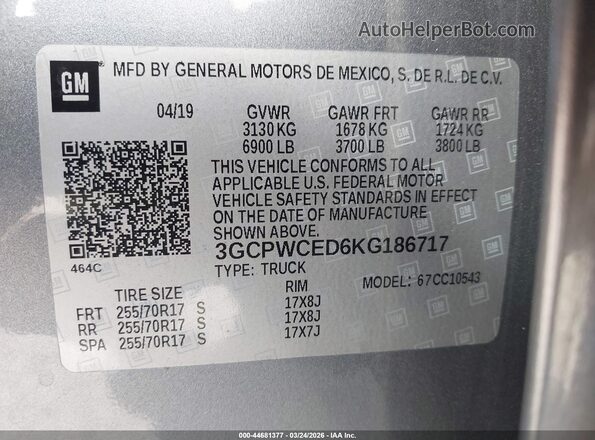3GCPWCED6KG186717 2019 CHEVROLET SILVERADO Gray Շարժիչի բաժամունքի տեսք