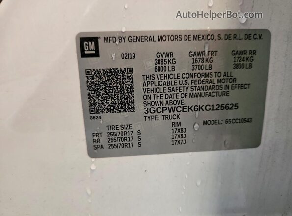 3GCPWCEK6KG125625 2019 CHEVROLET SILVERADO White 