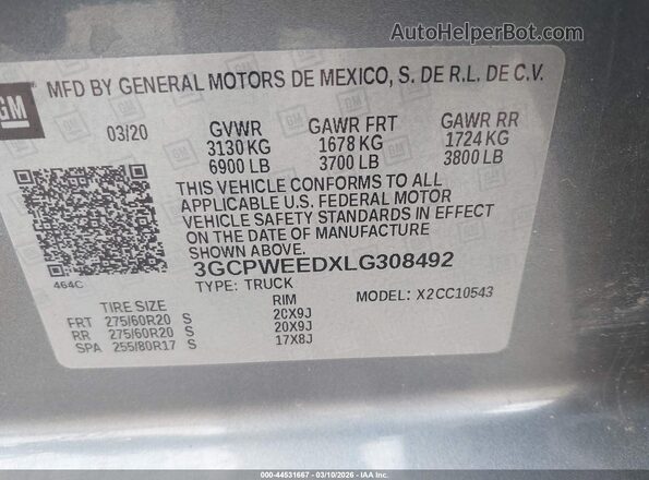 3GCPWEEDXLG308492 2020 CHEVROLET C1500 Gray Vista del compartimento del motor