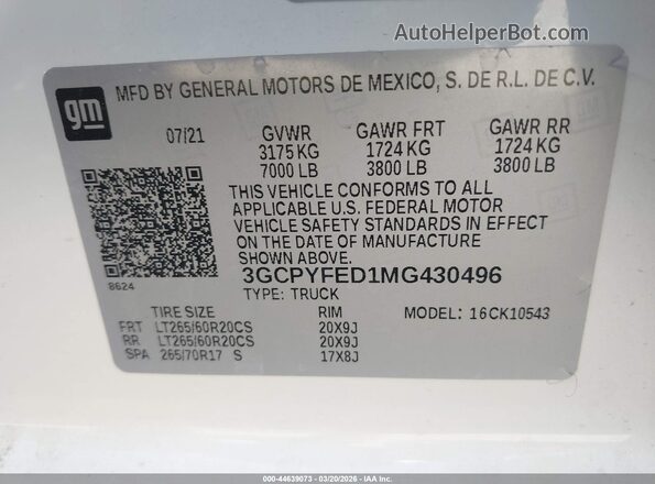 3GCPYFED1MG430496 2021 CHEVROLET SILVERADO White 