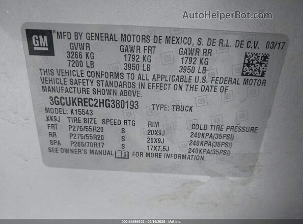 3GCUKREC2HG380193 2017 CHEVROLET SILVERADO Silver 