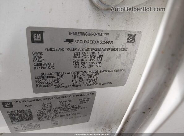 3GCUYAEFXMG156884 2021 CHEVROLET SILVERADO White Вид підкапотного простору