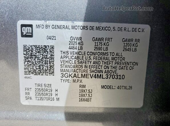 3GKALMEV4ML370310 2021 GMC TERRAIN Gray Widok wnętrza 360 stopni