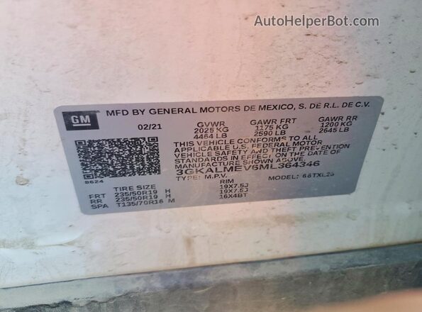 3GKALMEV6ML364346 2021 GMC TERRAIN White VIN sticker view