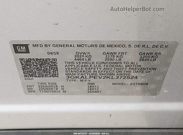 3GKALPEV2KL372524 2019 GMC TERRAIN Silver Engine compartment view