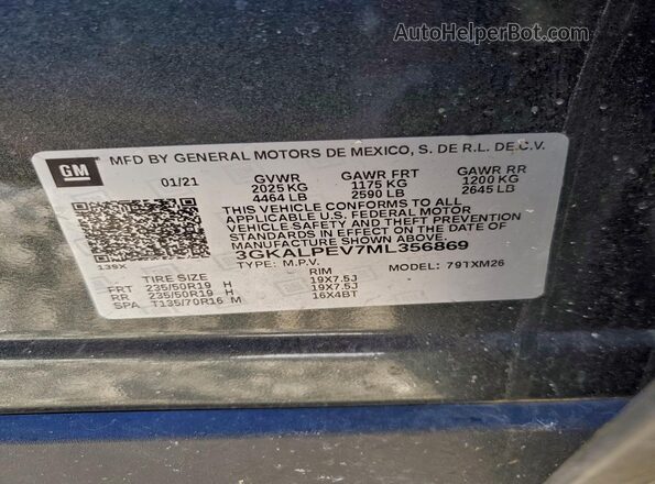 3GKALPEV7ML356869 2021 GMC TERRAIN Charcoal Vista de la etiqueta del VIN