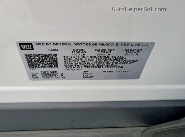 3GKALTEG2RL357574 2024 GMC TERRAIN White Widok naklejki z numerem VIN