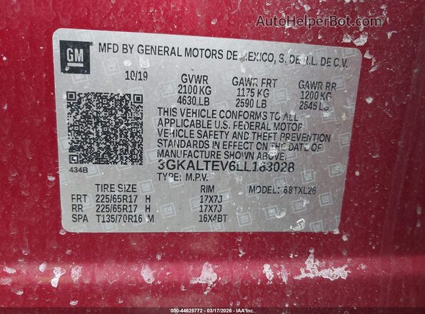 3GKALTEV6LL183028 2020 GMC TERRAIN Red Vista del compartimento del motor