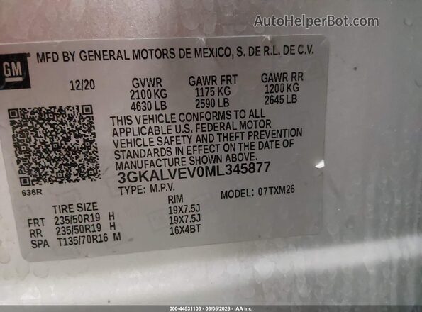 3GKALVEV0ML345877 2021 GMC TERRAIN Gray Vista del compartimento del motor