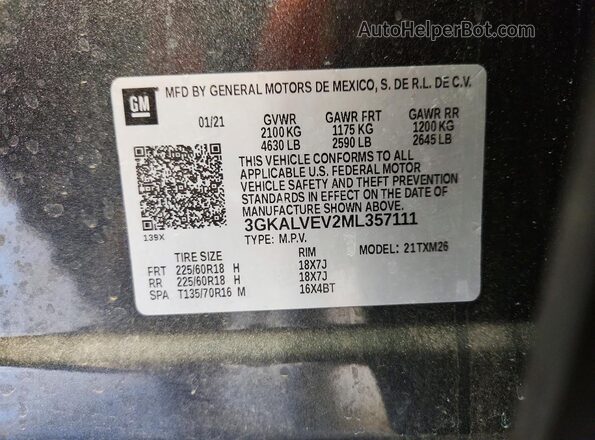 3GKALVEV2ML357111 2021 GMC TERRAIN Charcoal ძრავის განყოფილების ხედი
