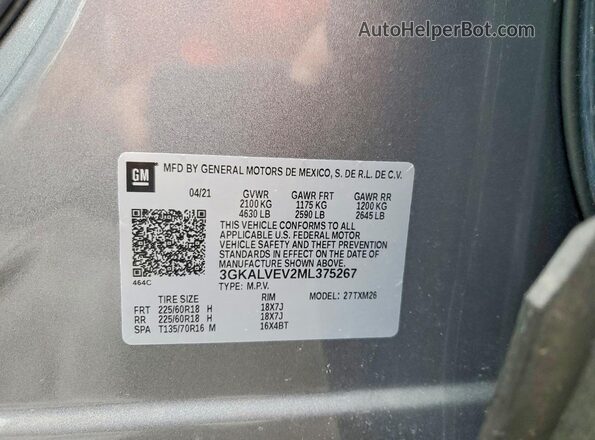 3GKALVEV2ML375267 2021 GMC TERRAIN Gray Widok naklejki z numerem VIN