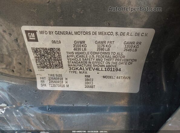 3GKALVEV4LL101194 2020 GMC TERRAIN Gray Vista del compartimento del motor