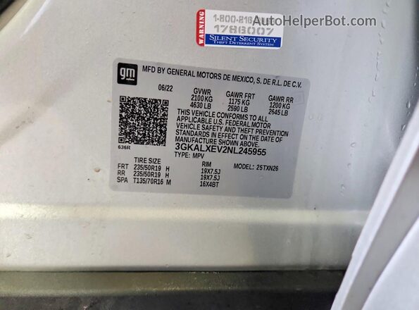 3GKALXEV2NL245955 2022 GMC TERRAIN Silver Вид наклейки з VIN-кодом