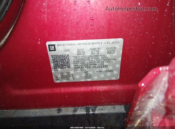3GKALXEX1KL231333 2019 GMC TERRAIN Red Vista del compartimento del motor