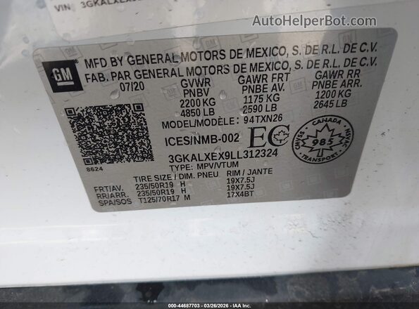 3GKALXEX9LL312324 2020 GMC TERRAIN White ძრავის განყოფილების ხედი