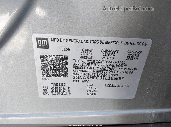3GNAXHEG3TL105697 2026 CHEVROLET EQUINOX Silver Widok komory silnika