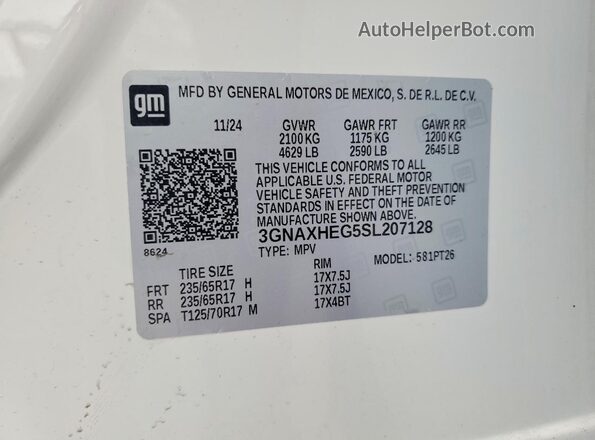 3GNAXHEG5SL207128 2025 CHEVROLET EQUINOX White Вид наклейки з VIN-кодом
