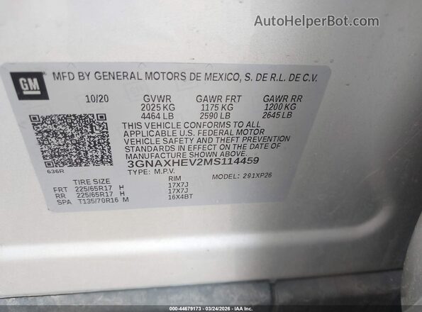 3GNAXHEV2MS114459 2021 CHEVROLET EQUINOX Silver Շարժիչի բաժամունքի տեսք