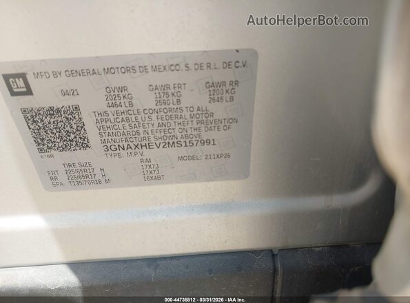 3GNAXHEV2MS157991 2021 CHEVROLET EQUINOX Silver Vista del compartimento del motor