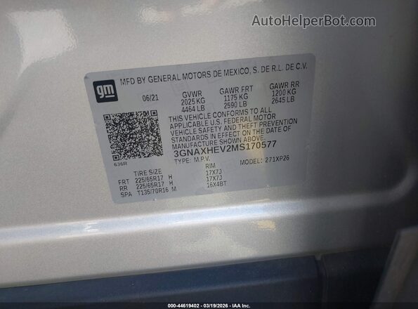 3GNAXHEV2MS170577 2021 CHEVROLET EQUINOX Silver Շարժիչի բաժամունքի տեսք