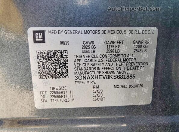 3GNAXHEV8KS681885 2019 CHEVROLET EQUINOX Charcoal 