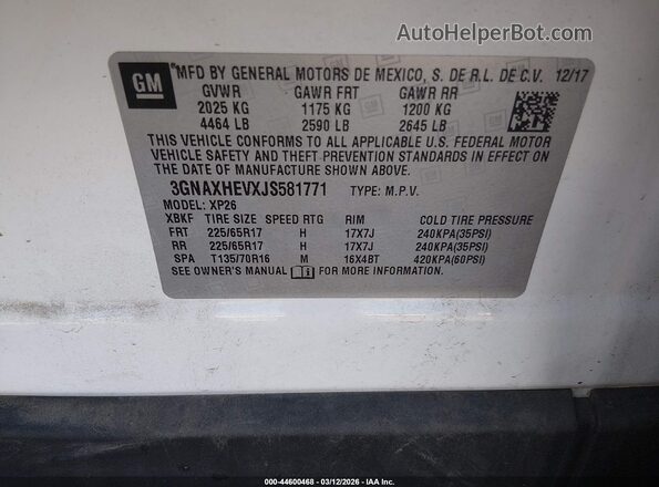 3GNAXHEVXJS581771 2018 CHEVROLET EQUINOX White Engine compartment view