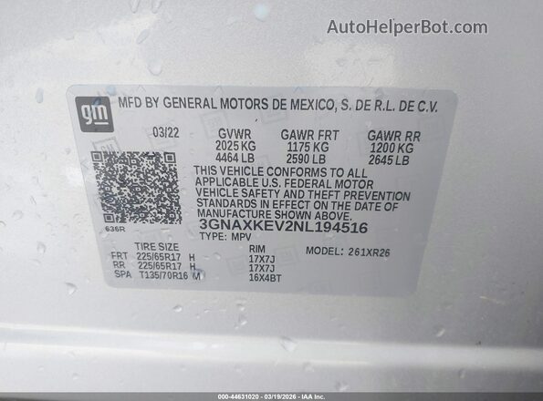 3GNAXKEV2NL194516 2022 CHEVROLET EQUINOX Серебряный 