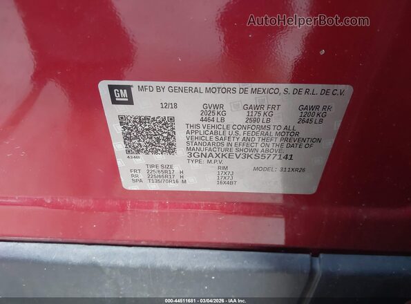 3GNAXKEV3KS577141 2019 CHEVROLET EQUINOX Red Engine compartment view