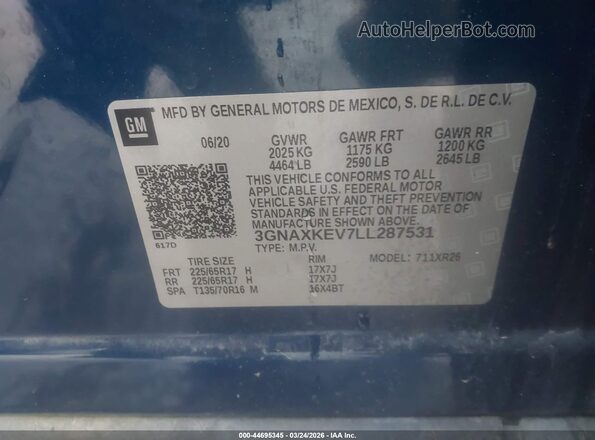 3GNAXKEV7LL287531 2020 CHEVROLET EQUINOX Синий Вид подкапотного пространства