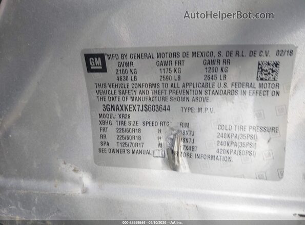 3GNAXKEX7JS603644 2018 CHEVROLET EQUINOX Silver Vista del compartimento del motor