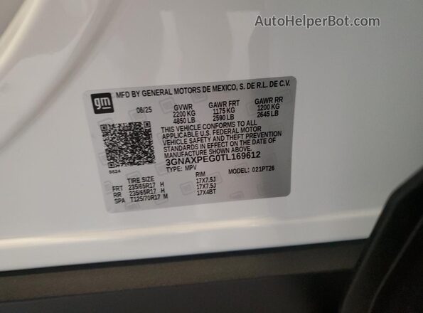 3GNAXPEG0TL169612 2026 CHEVROLET EQUINOX White VIN კოდის სტიკერის ხედი