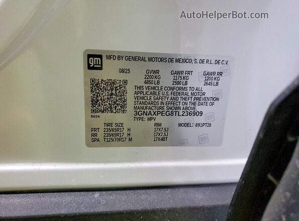 3GNAXPEG8TL236909 2026 CHEVROLET EQUINOX Белый Вид наклейки с VIN-кодом